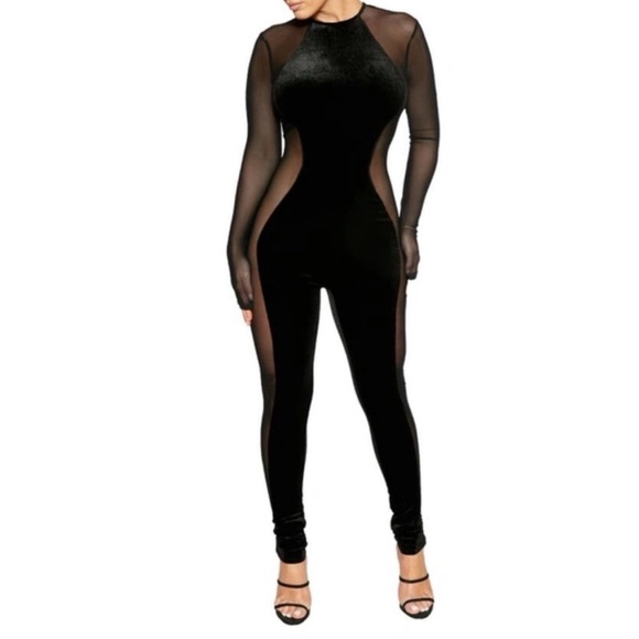 NWOT - Naked Wardrobe Black Velvet Mesh Collection Jumpsuit Size XS - Picture 1 of 3